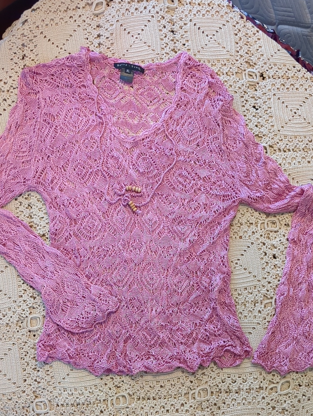 Pink Crochet Knit Long-Sleeve Top